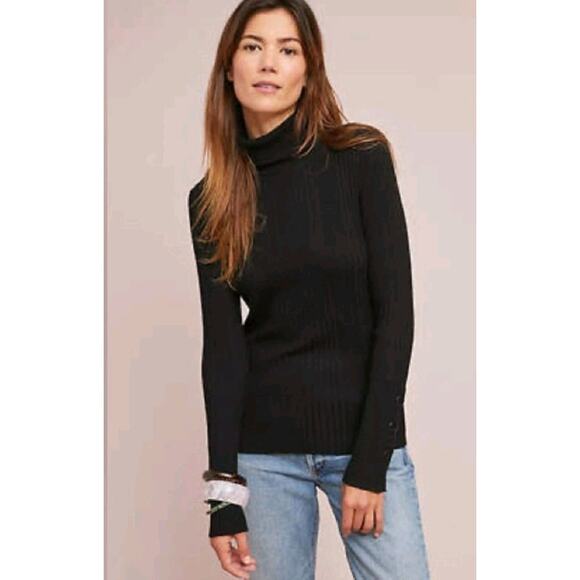 Anthro Moth Black Fitted Ribbed Turtleneck Sweater Top Size XL Academia Goth - Picture 3 of 11